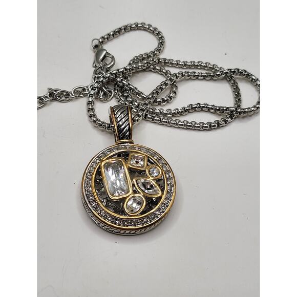 Vintage Two-Tone Pendant Necklace w/ Clear Stones & Adjustable Chain - Picture 7 of 11